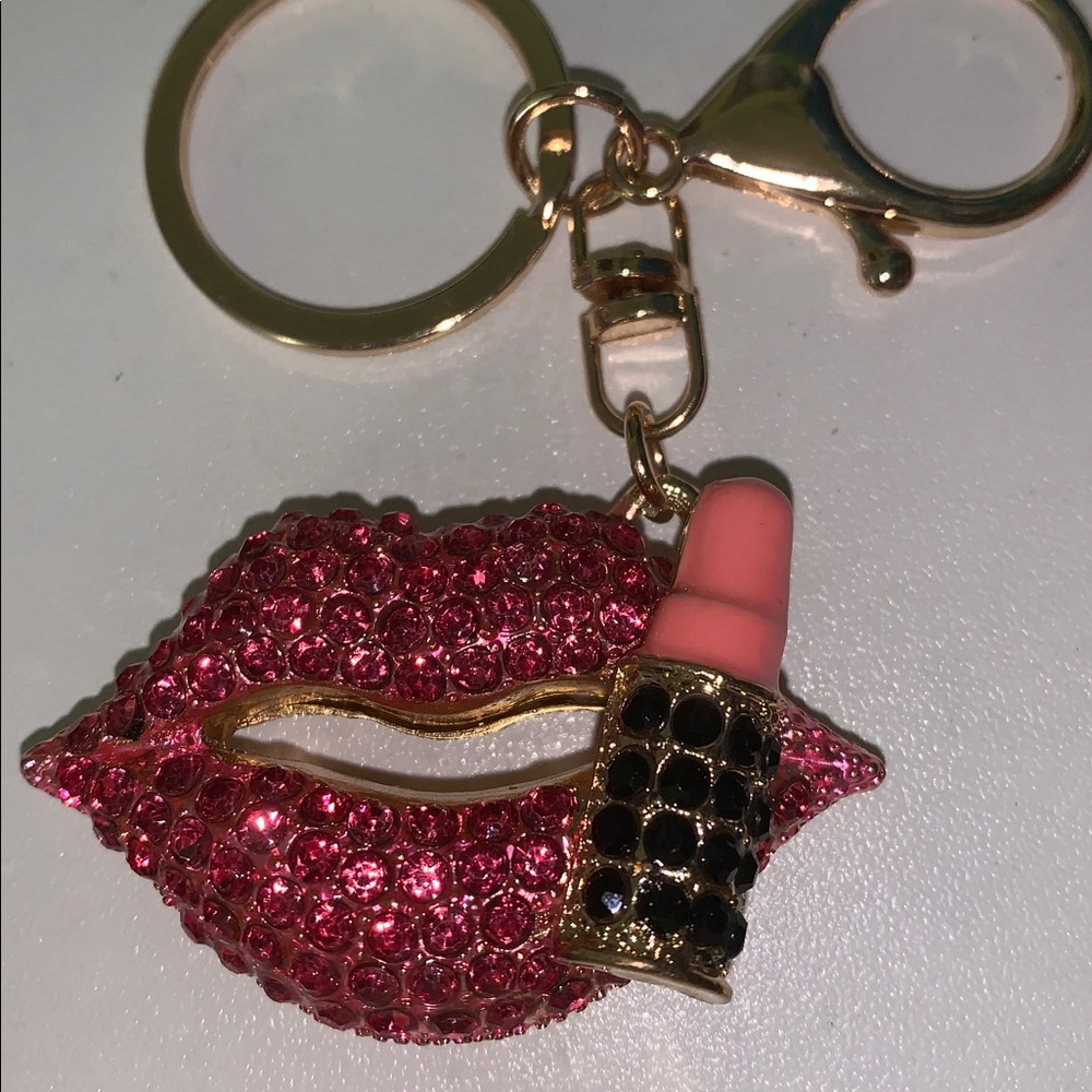 Pink Crystal Lip & Lipstick bag/purse Charm keychain